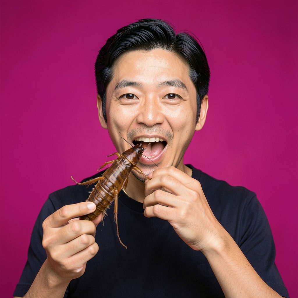 昆虫食をテーマにした人物のインタビューを思わせる写真、緑を感じる自然な色合い